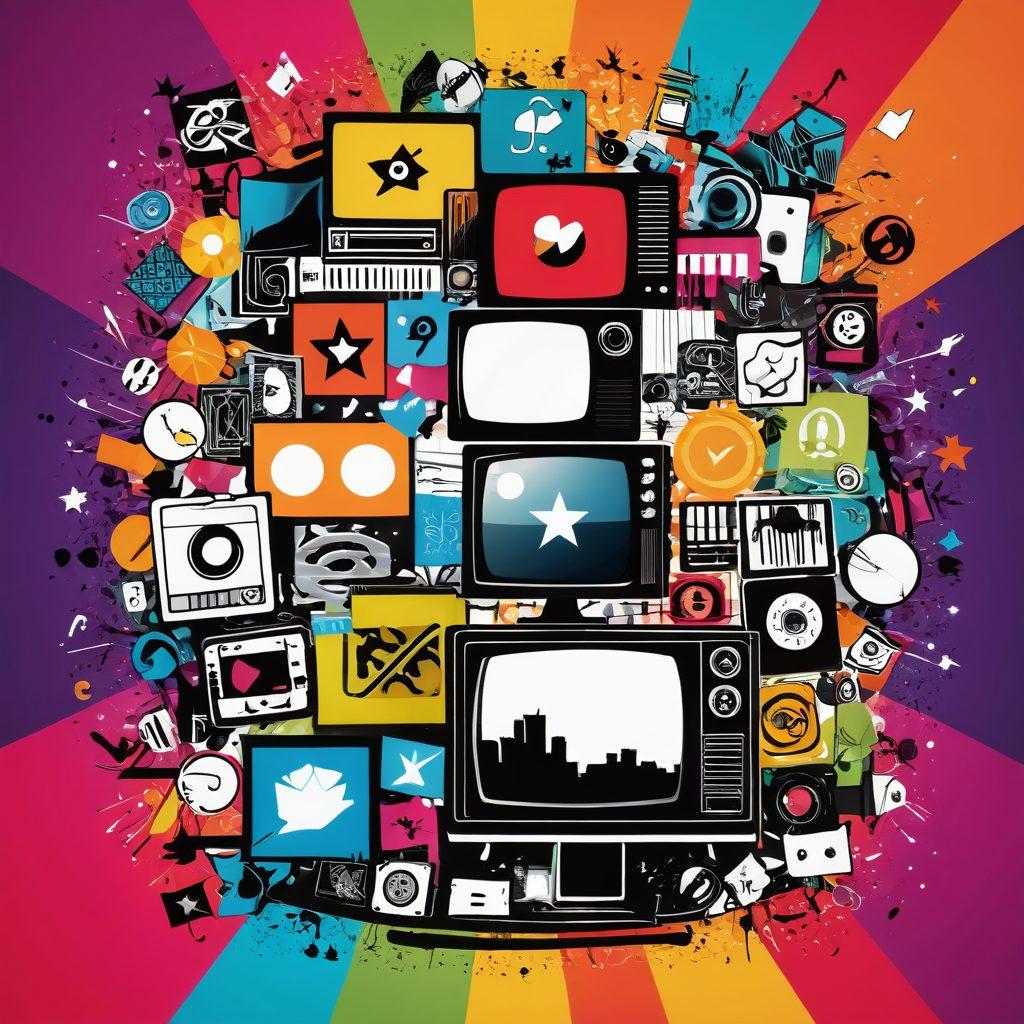 A vibrant collage capturing the essence of digital entertainment: a stylized TV screen displaying popular streaming series, surrounded by iconic symbols of pop culture like film reels, music notes, and comic book elements. The backdrop features a dynamic blend of bright colors and digital motifs, creating an immersive feel of a digital landscape. Include imagery of diverse viewers engaging with devices like tablets and smartphones. The overall mood should be energetic and inviting. vector art. vibrant colors. white background.