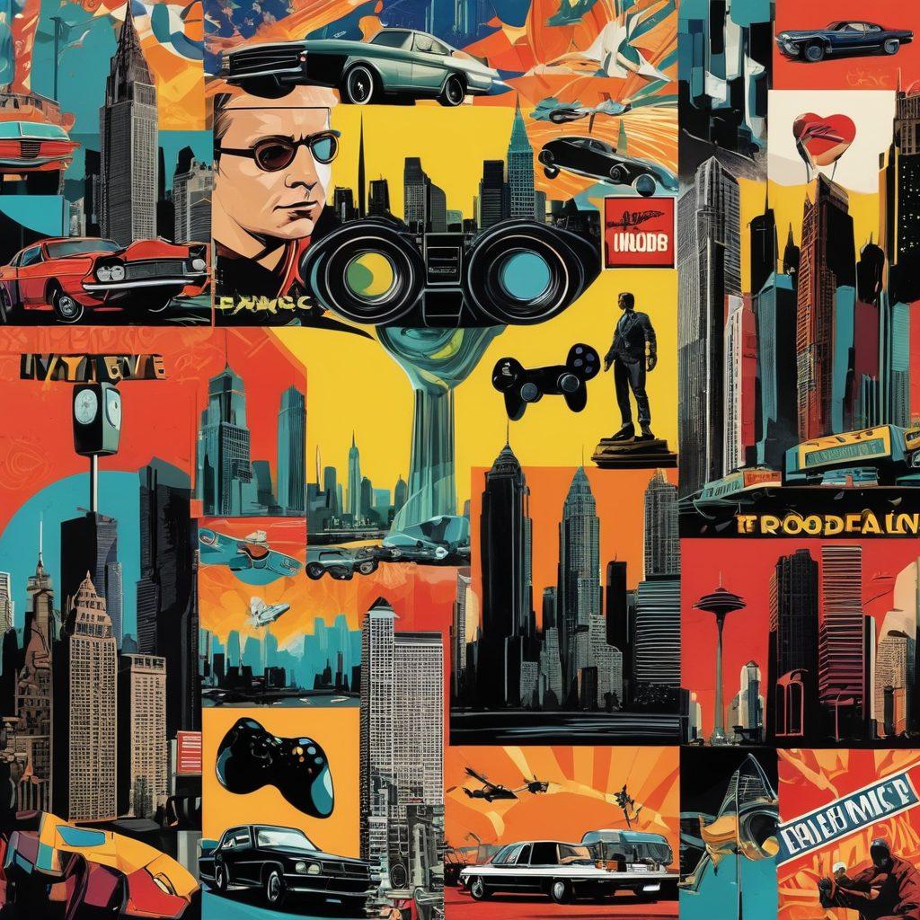 A dynamic collage featuring iconic elements from various pop culture series, such as vibrant comic book characters, classic film posters, and iconic TV show settings. Incorporate a lively city skyline in the background to symbolize entertainment news. Add elements like video game controllers, music notes, and award show trophies to emphasize entertainment. Use a vibrant color palette to grab attention and create an energetic vibe. super-realistic. vibrant colors. 3D.