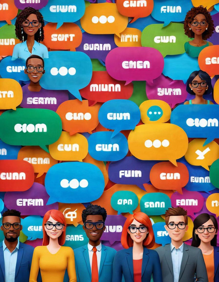A lively digital forum scene showcasing diverse characters engaging in animated discussions over various entertainment mediums like films, video games, and music. Include vibrant speech bubbles symbolizing various insights and ideas flowing among them. The background hints at a colorful virtual community, with elements like streaming icons and social media logos. super-realistic. vibrant colors. 3D.